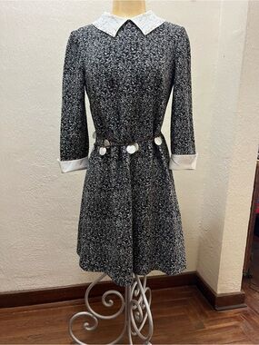 Betsey Johnson Black & White Tweed Long Sleeve A-line Dress